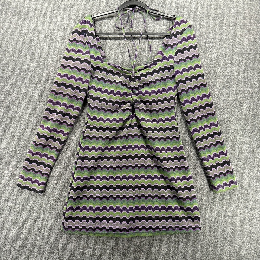 ZARA Dress Medium Purple Green Chevron Zig Zag Bodycon Mini Retro 70s Hippie Y2K